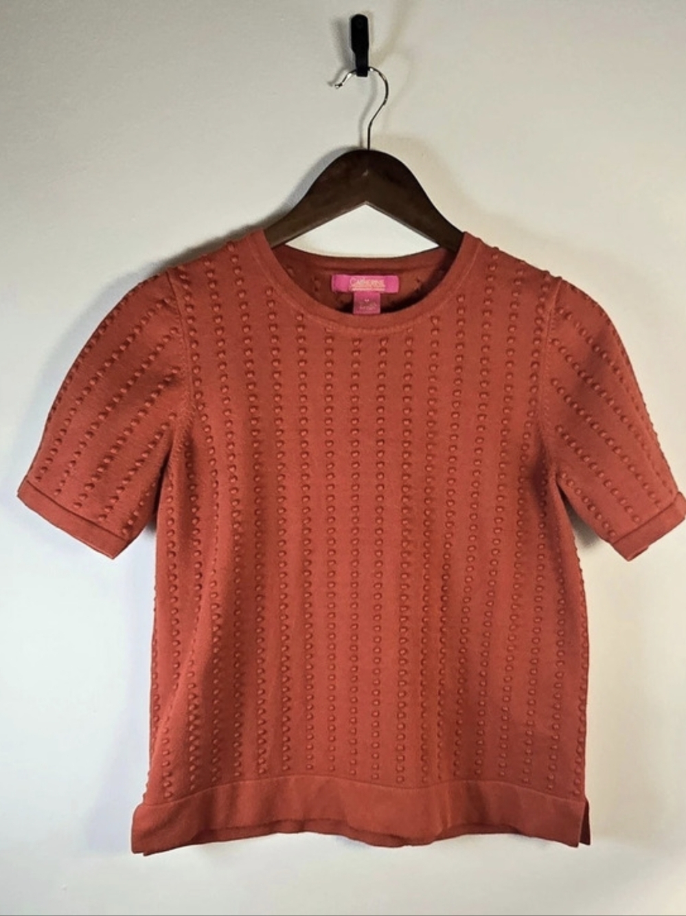 Catherine Malandrino Burnt Orange Pointelle Bobble Knit Short Sleeve Sweater M